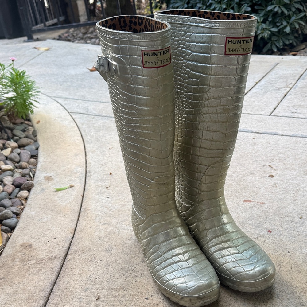 Hunter x Jimmy Choo Metallic Gold Croc-Embossed Tall Rain Boots